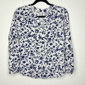 Old Navy White and Navy Blue Floral Long Sleeve V-Neck Blouse Size Medium